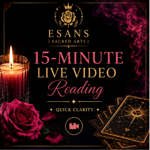Promotional images for Esans live video and recorded readings with candles and roses.
