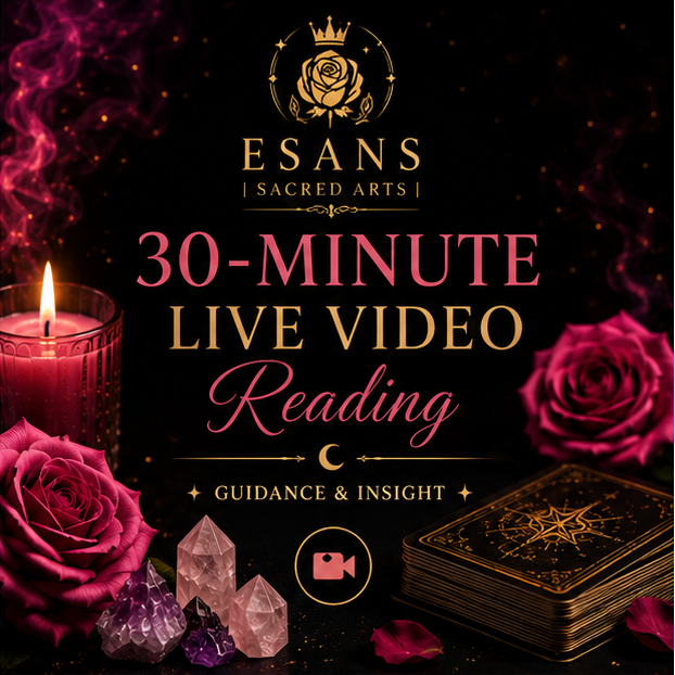 Promotional images for Esans live video and recorded readings with candles and roses.