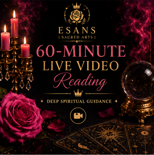 Promotional images for Esans live video and recorded readings with candles and roses.